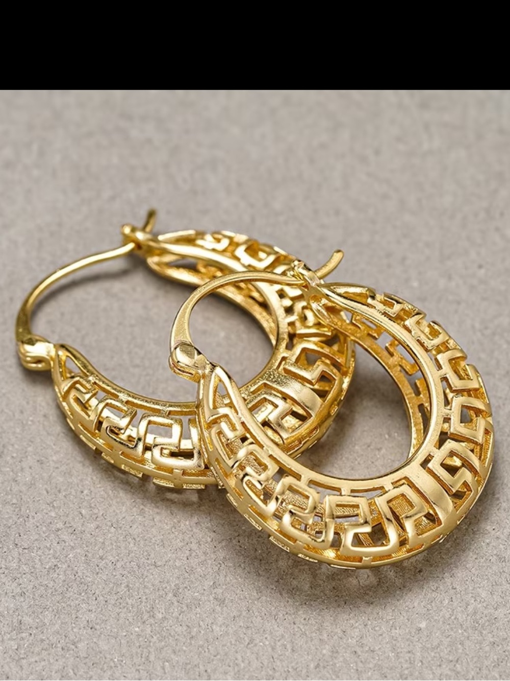 Gold-tone Filigree Hoop Earrings - Elegant Greek Key Design